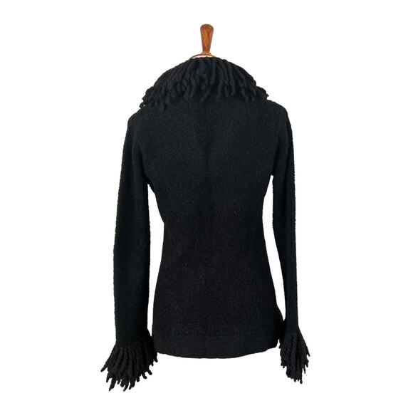Vintage 70s/80s Black Bouclé Fringe Cardigan Sweater – Dramatic Collar & Cuffs - Picture 4 of 7